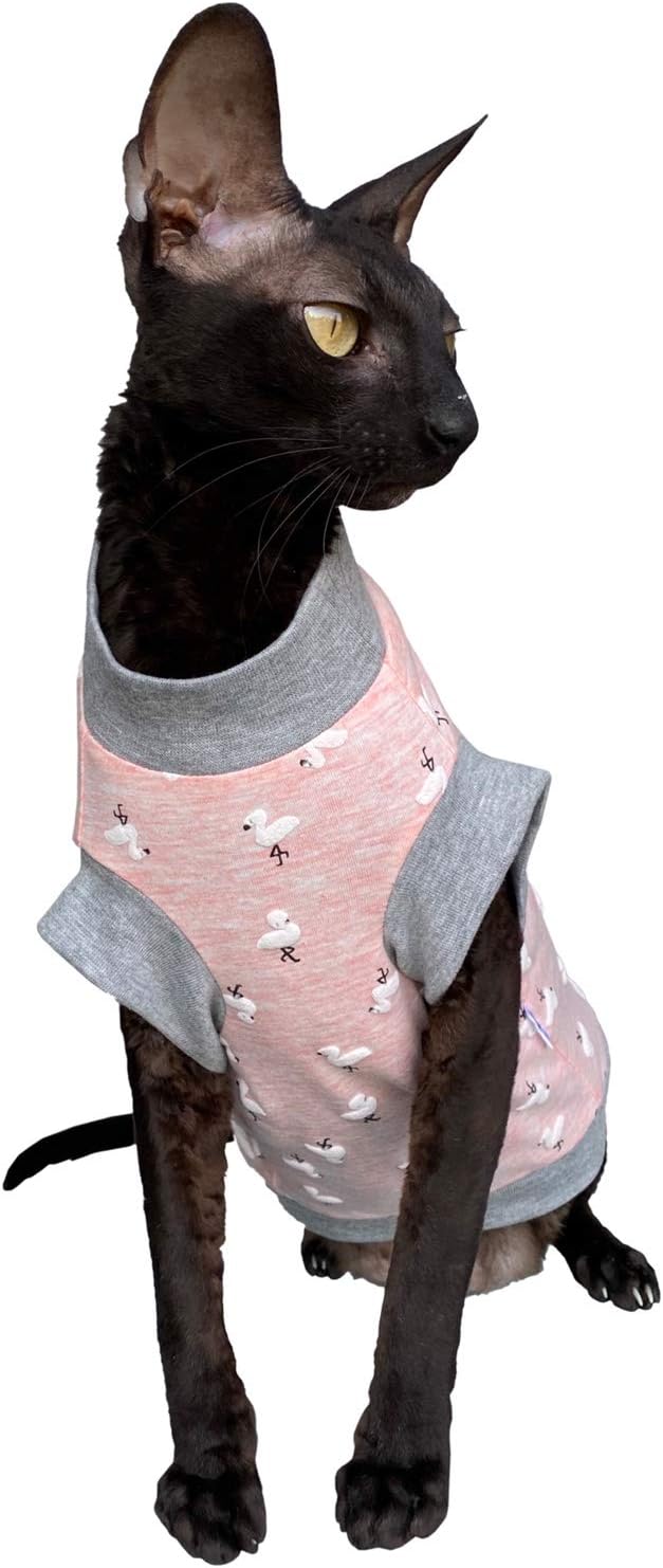 Kotomoda Haarlose Katze Baumwolle Stretch T-Shirt Small Flamingo for Sphynx Cats (M) Medium, Medium