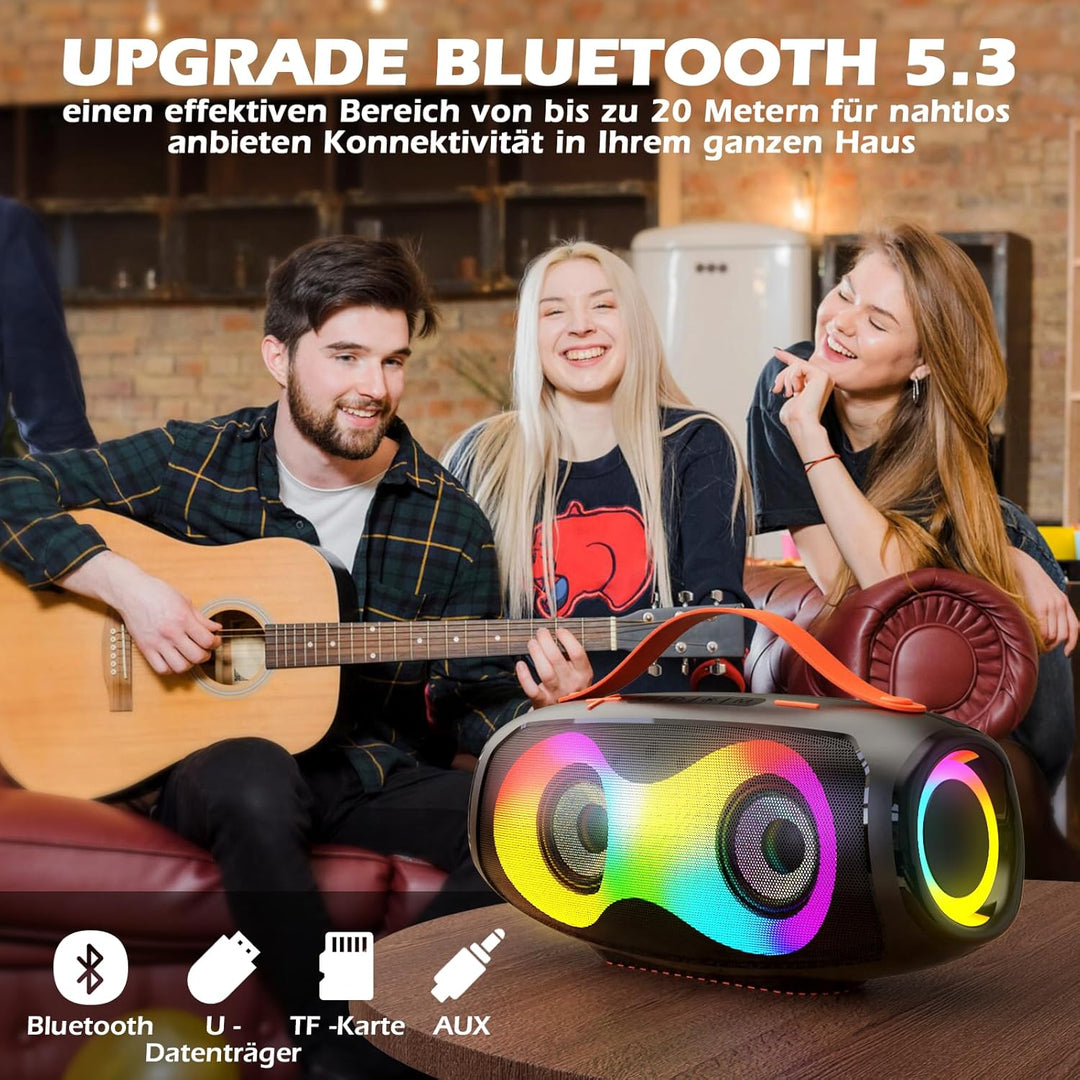 Bluetooth-Lautsprecher, tragbarer kabelloser Aussenlautsprecher mit LED-Licht, True Wireless Stereo,