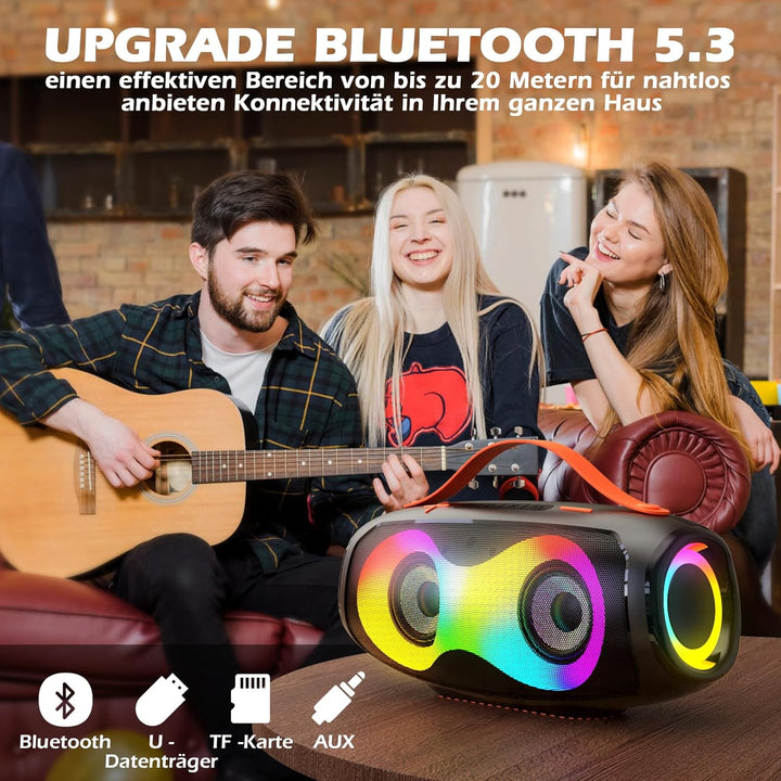 Bluetooth-Lautsprecher, tragbarer kabelloser Aussenlautsprecher mit LED-Licht, True Wireless Stereo,