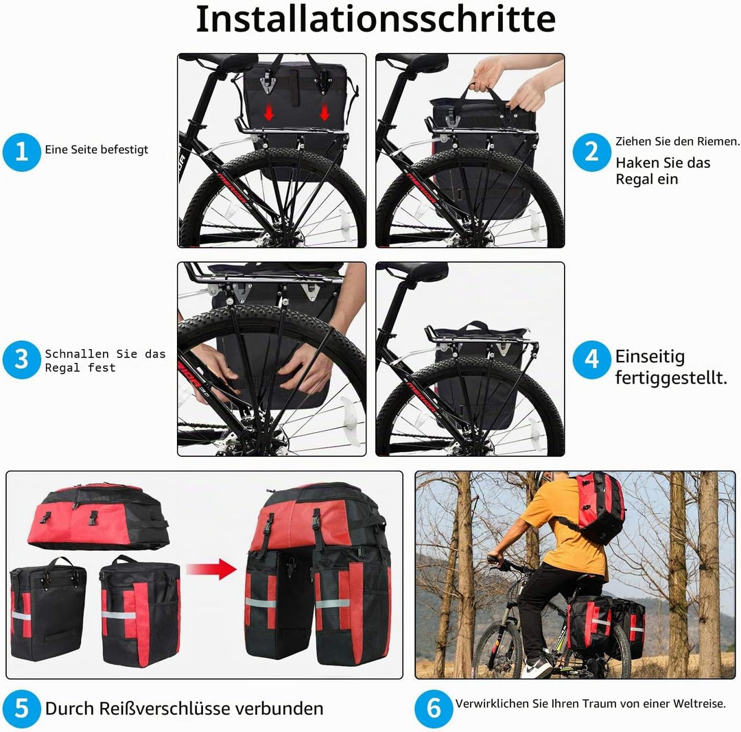 PELLOR Fahrrad Gepäcktaschen, 3 in 1 Multifunction 70L Gepäckträger Tasche Reissfest Gross Fahrradta