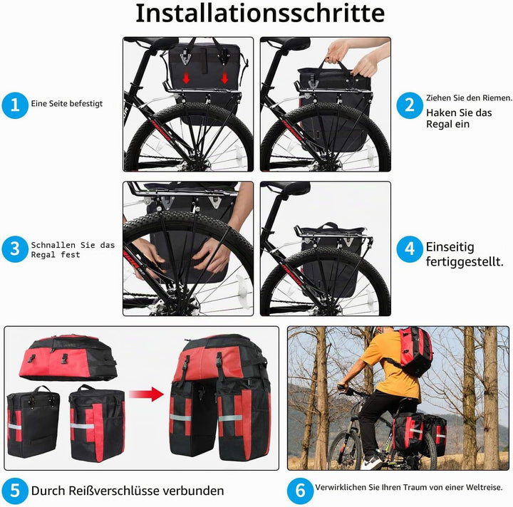 PELLOR Fahrrad Gepäcktaschen, 3 in 1 Multifunction 70L Gepäckträger Tasche Reissfest Gross Fahrradta