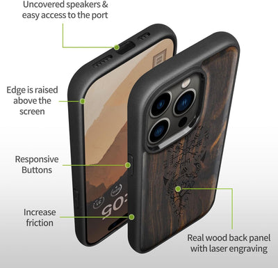 Carveit Holz Cover für iPhone 15 Pro Max hülle, Kompatibel mit Magsafe Silikon Stossfeste Cover, Mag