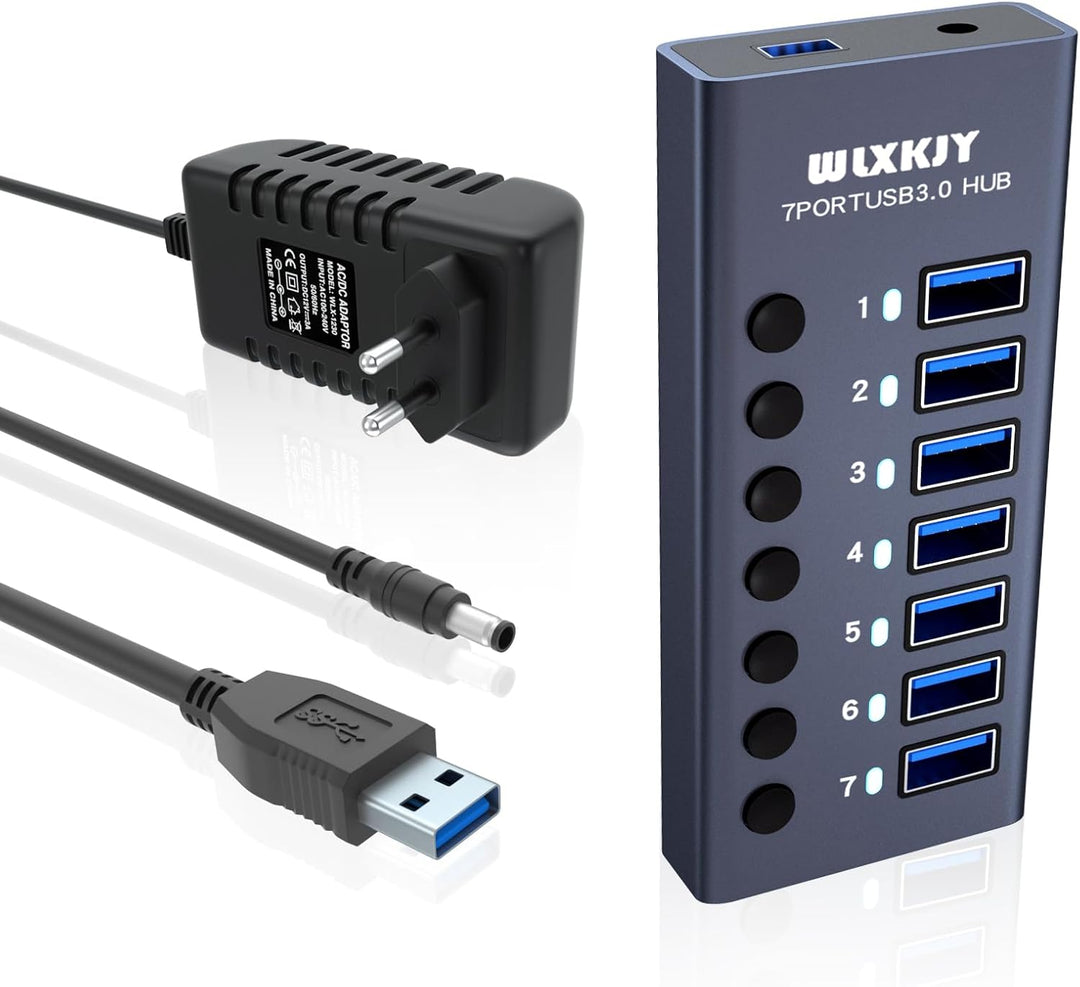 USB 3.0 Hub 7 Ports mit 36W Stromversorgung, 5Gbps Aluminium USB Verteiler Mehrfachstecker USB Verlä