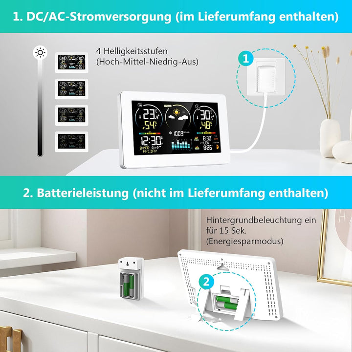 Wetterstation Funk mit Aussensensor, 7,8 Zoll Grosses Farbdisplay mit Beleuchtung & DCF Funkuhr, Wet