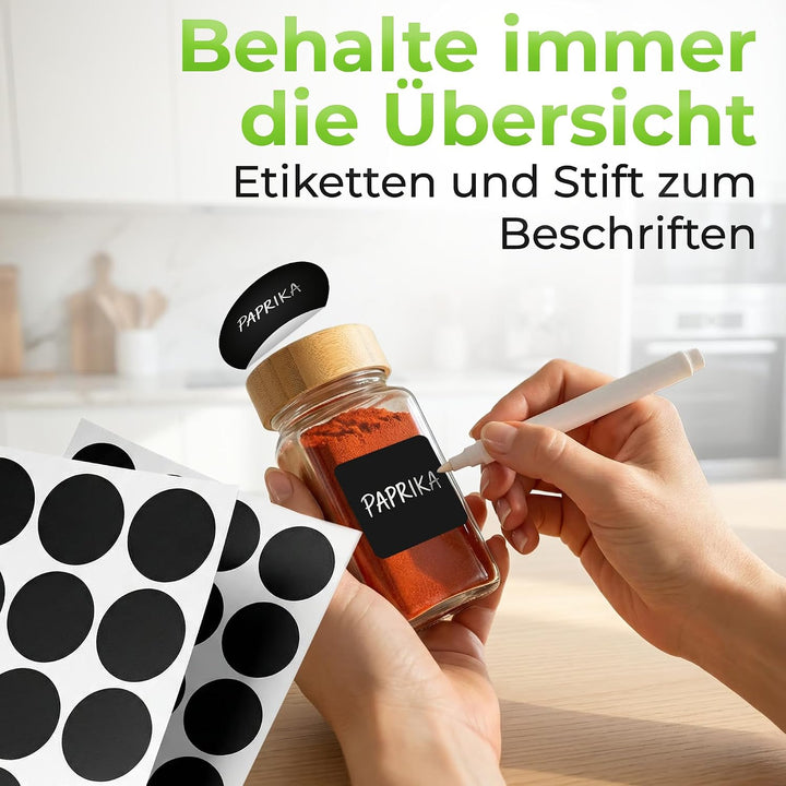 Gewürzgläser Set 24er, 120 ml, eckig mit Bambusdeckel &amp; Streueinsatz – inkl. Etiketten, Marker, Tric