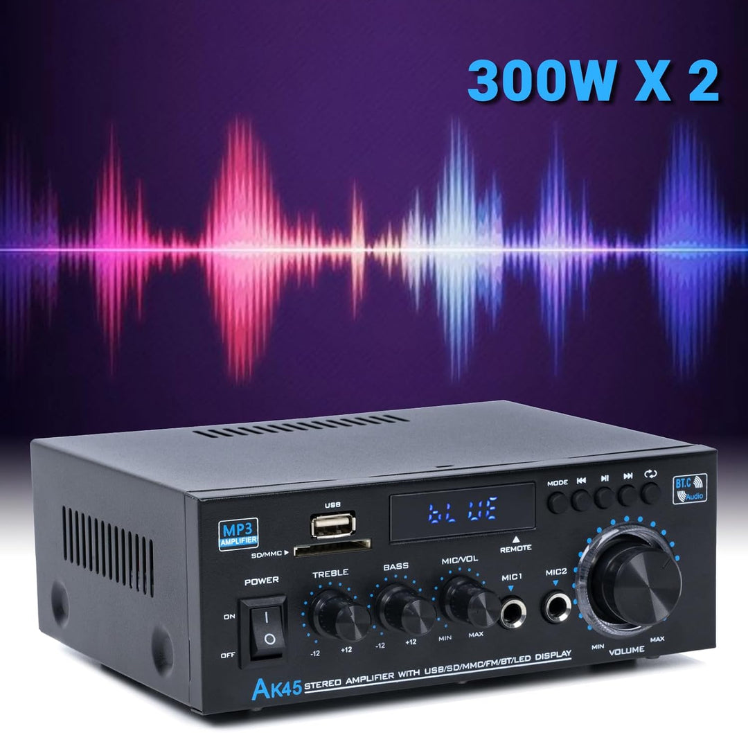 Bluetooth-Stereo-Receiver und Heim-Audioverstärker, 300 W x 2, 2-Kanal für Heimkino- und Regallautsp