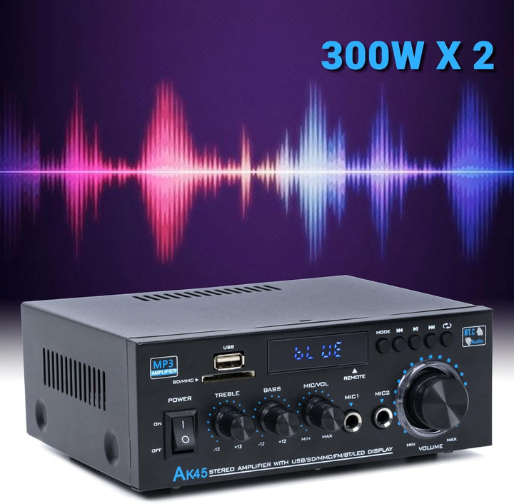 Bluetooth-Stereo-Receiver und Heim-Audioverstärker, 300 W x 2, 2-Kanal für Heimkino- und Regallautsp