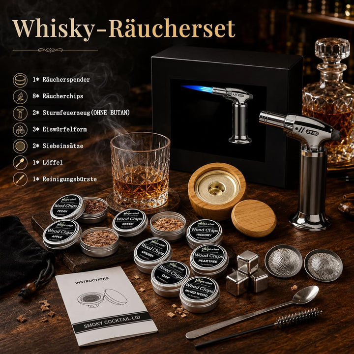 Whisky-Räucherset mit Fackel, Cocktail Räucher-Set mit 8 Holzsorten & Zubehör Drink Räucher-Kit für