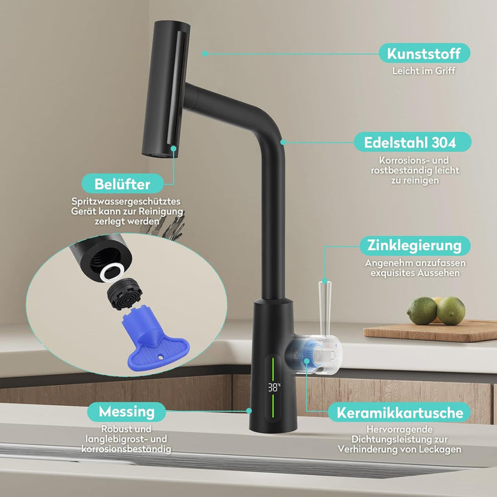 KAIYING Wasserhahn Küche Ausziehbar mit Temperaturanzeige (Batterielos), Hochdruck Wasserfall Küchen