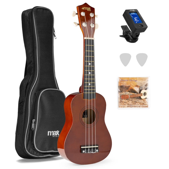 MAX UKEY Ukulele Komplett Set inkl. Plektren, digitalem Stimmgerät und Tasche, 21" mini Gitarre, Uku