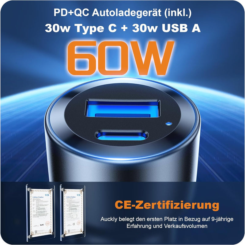 Auckly 15W Magsafe Autohalterung mit Ladefunktion,【60W PD QC3.0 Auto Ladegerät】 Qi Wireless Car Char