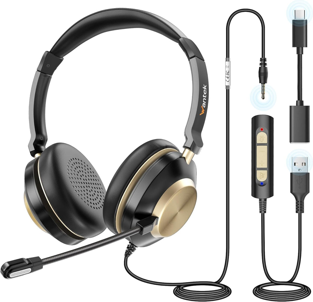 Wantek 882F Headsets mit Mikrofon Noise Cancelling und USB A 3,5mm Stecker Typ C Adapter für Call Ce