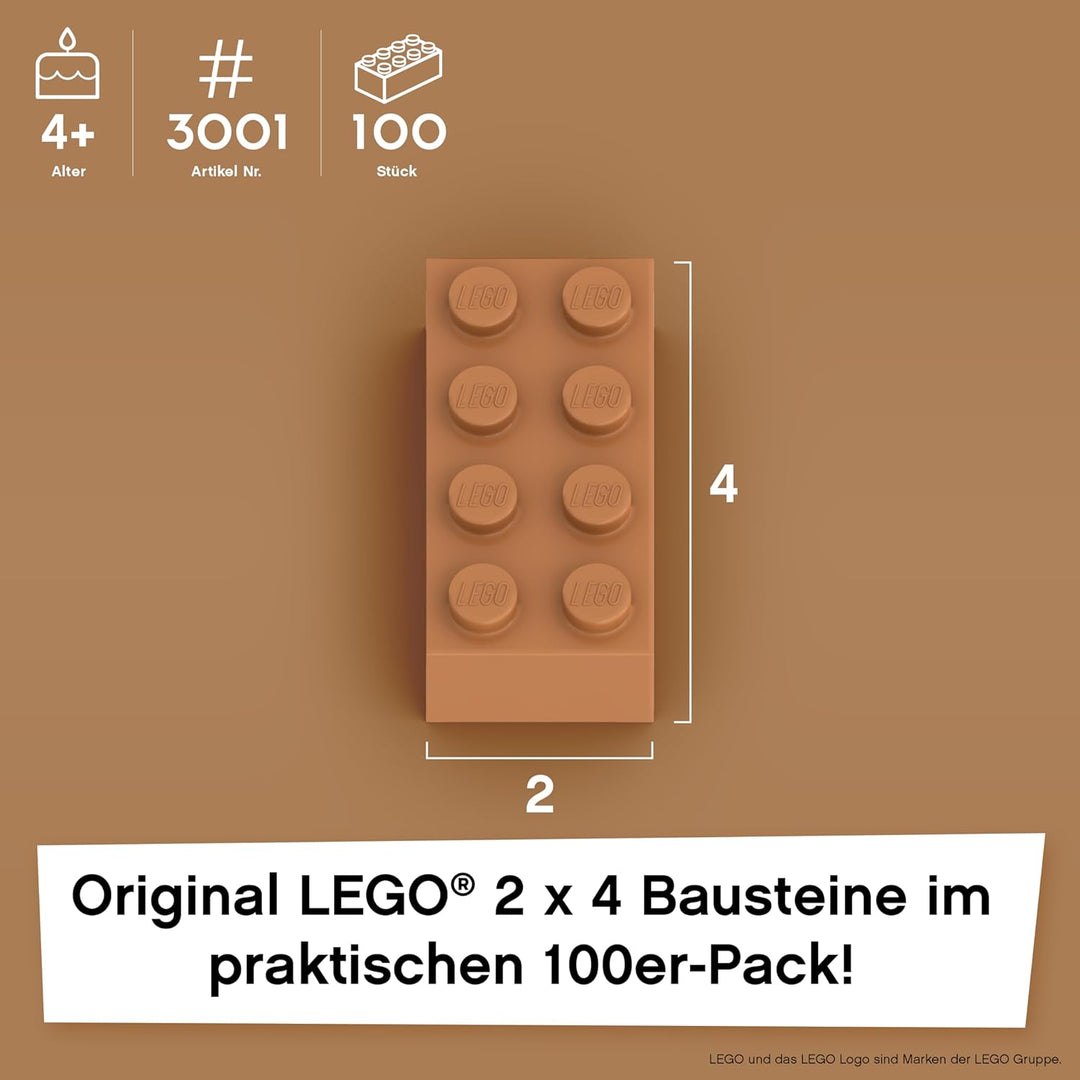 Lego Steine Classic, Medium Nougat (Braun/Beige), 2x4 Bausteine, 100 Stück - Einzelteile Starterset