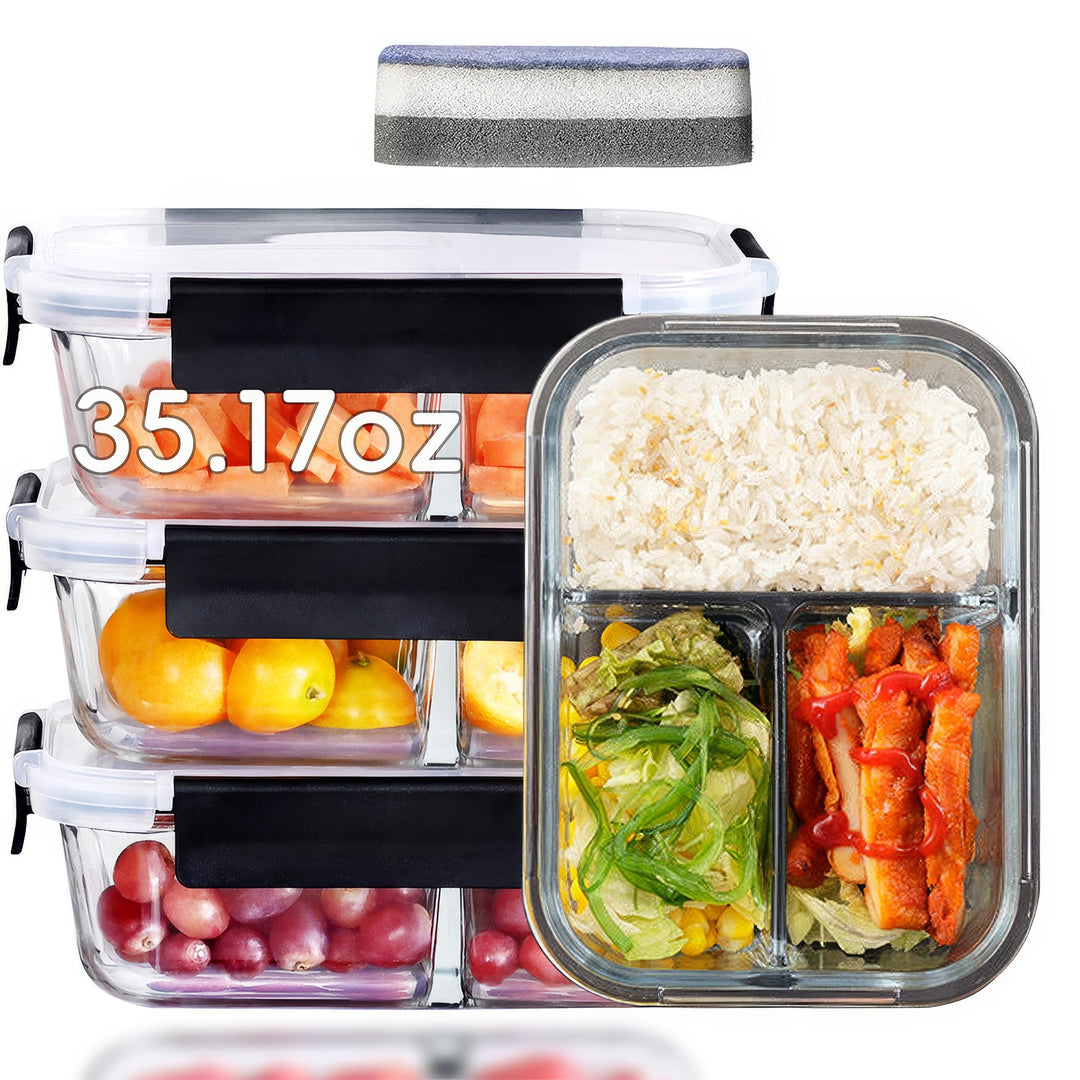 Meal Prep Boxen – 4x1040ML Frischhaltedosen Glas Mit Deckel Mit 3-Fach-Trennsystem | BPA-Freie Aufbe