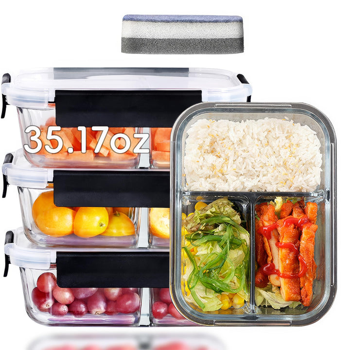 Meal Prep Boxen – 4x1040ML Frischhaltedosen Glas Mit Deckel Mit 3-Fach-Trennsystem | BPA-Freie Aufbe