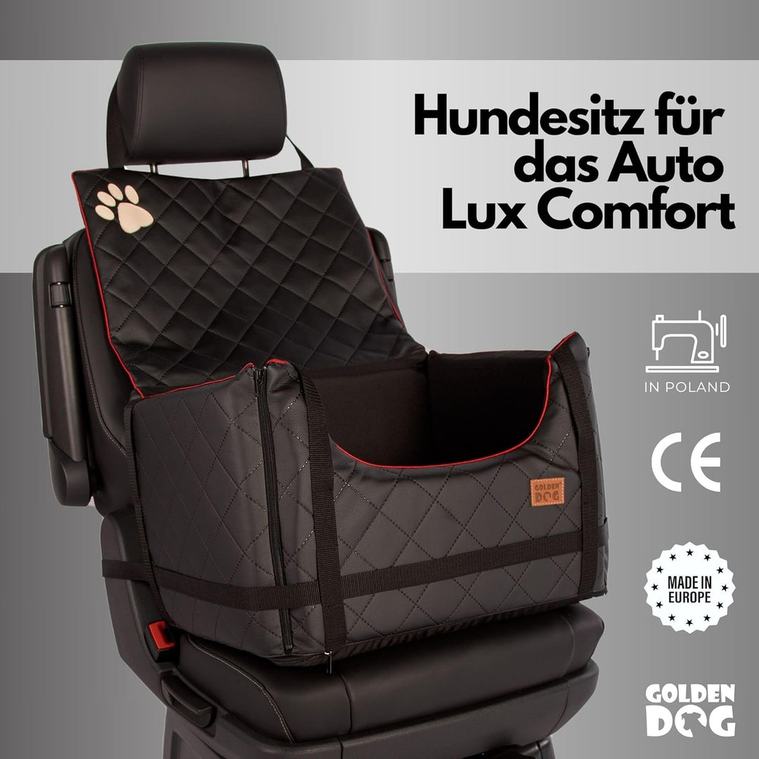 Golden Dog - Transportbox Hund mit Sicherheitsgurt S-45x35x33 cm - Leder Imitation Autositz Hund, Wa