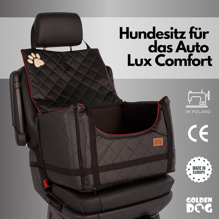 Golden Dog - Transportbox Hund mit Sicherheitsgurt S-45x35x33 cm - Leder Imitation Autositz Hund, Wa