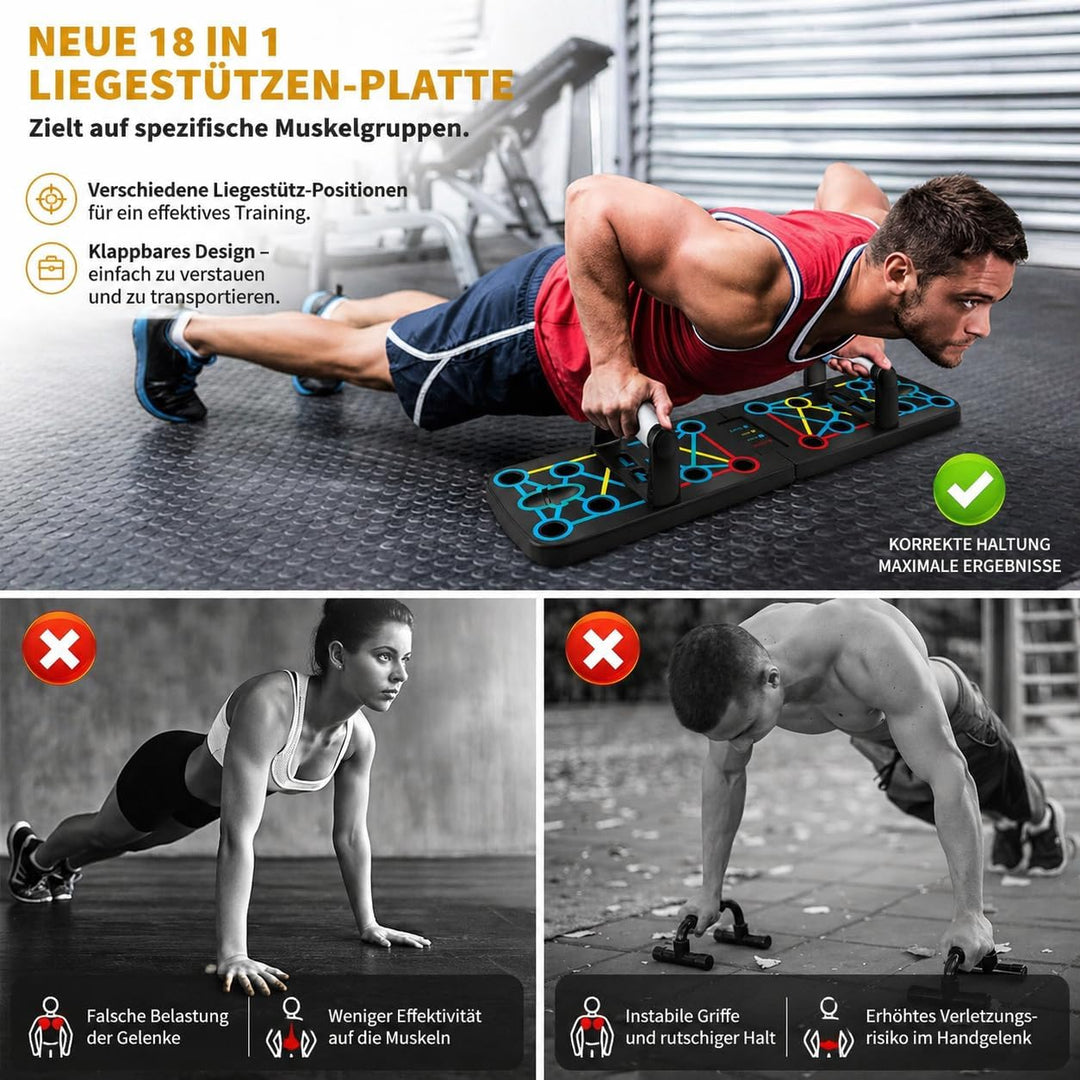 FUNFLEX Liegestützbrett 17-in-1 Push-Up Board – Faltbares Trainingsboard mit Griffen & Widerstandsbä