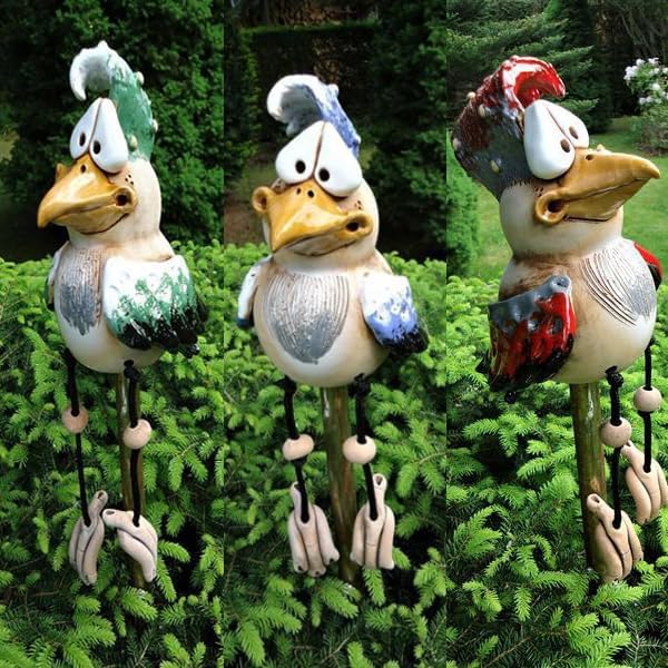 Youery 3pcs Hühner Deko Gartendeko Für Draussen Figuren, Keramik Huhn Tierfigur Gartenstecker Kerami