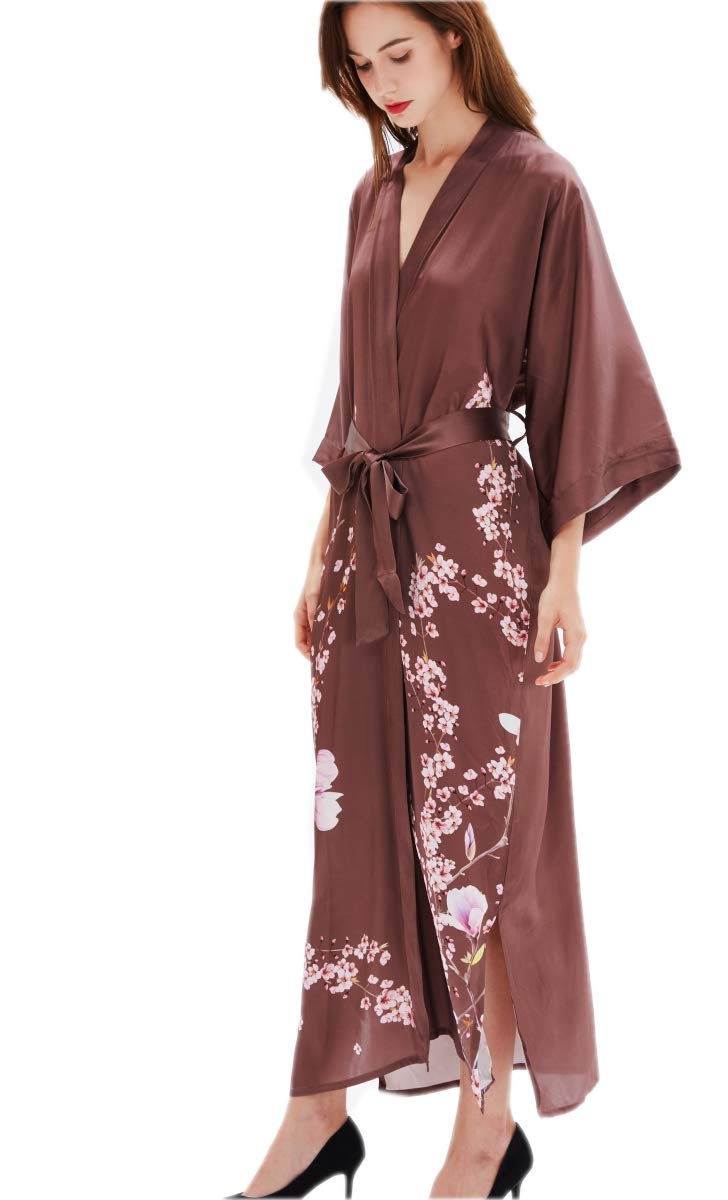 Prettystern Damen Boden-lang 100% Seide Satin Seidenmantel Kimono Morgenmantel Nachtkleid Yukata Rob