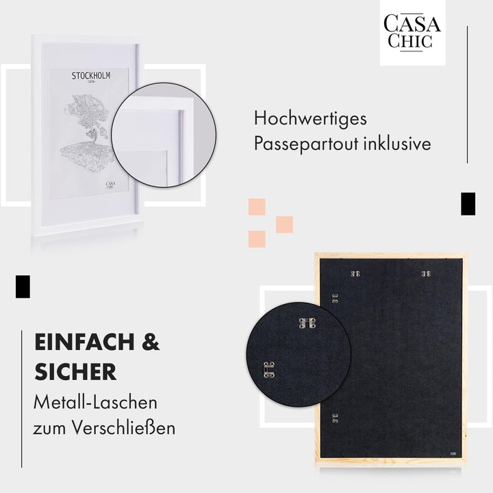 Classic by Casa Chic - Echtholz Bilderrahmen 50x70 cm - Weiss - mit Passepartout 40x50 cm - Acrylgla