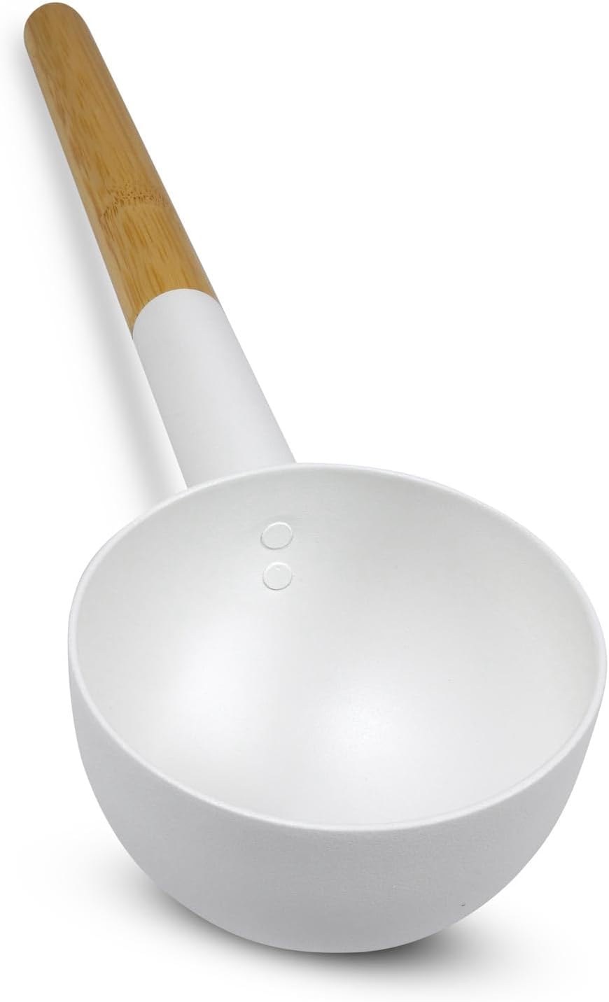 KOLO Kauha 2 Sauna Kelle 300 ml - Weisses Aluminium mit Bambusgriff 43 cm - Premium Saunakelle - Lan