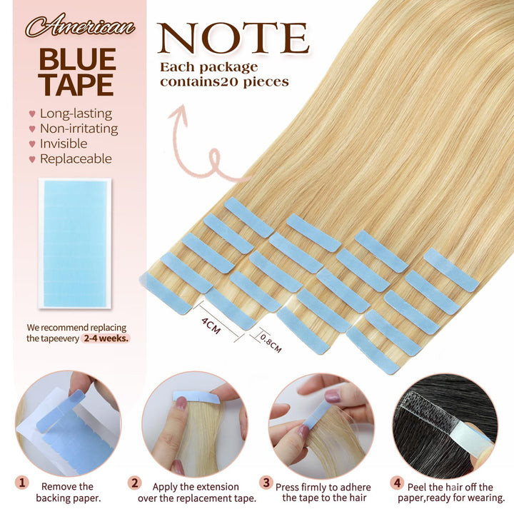 Tape In Extensions Echthaar 20pcs 50cm 50g Aschblond mit Bleichblond Invisible Tape Extensions Echth