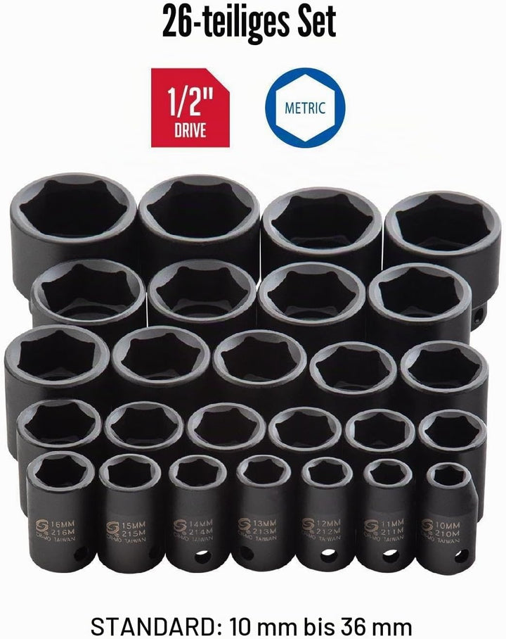 Sunex SUN2645 26PC 0,5 Zoll-Laufwerk Metric Steckschl-ssel Set Steckschlüsselsatz, Steckschlüsselsat