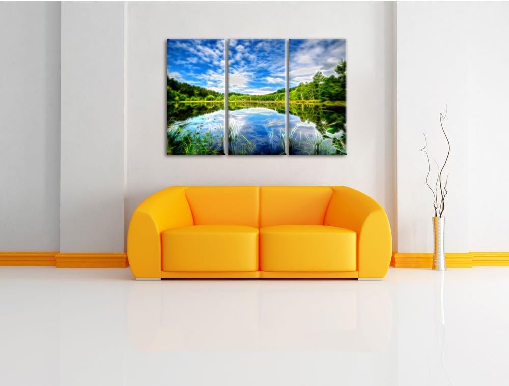 Pixxprint See im Wald / 3-Teilig/Gesamtmass 120cm Leinwandbild bespannt auf Holzrahmen/Wandbild Kuns