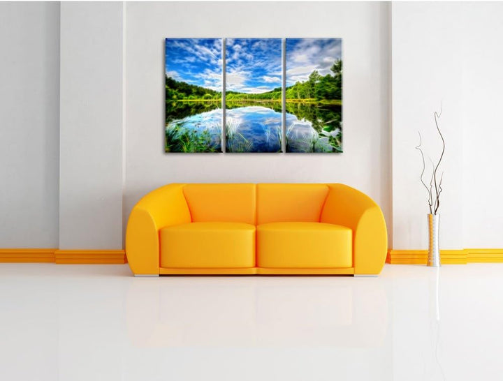 Pixxprint See im Wald / 3-Teilig/Gesamtmass 120cm Leinwandbild bespannt auf Holzrahmen/Wandbild Kuns