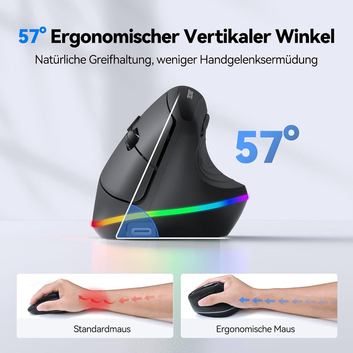 TECKNET Vertikale Ergonomische Kabellos Maus, 2,4 GHz + Bluetooth, Wiederaufladbar Maus mit 4800 DPI