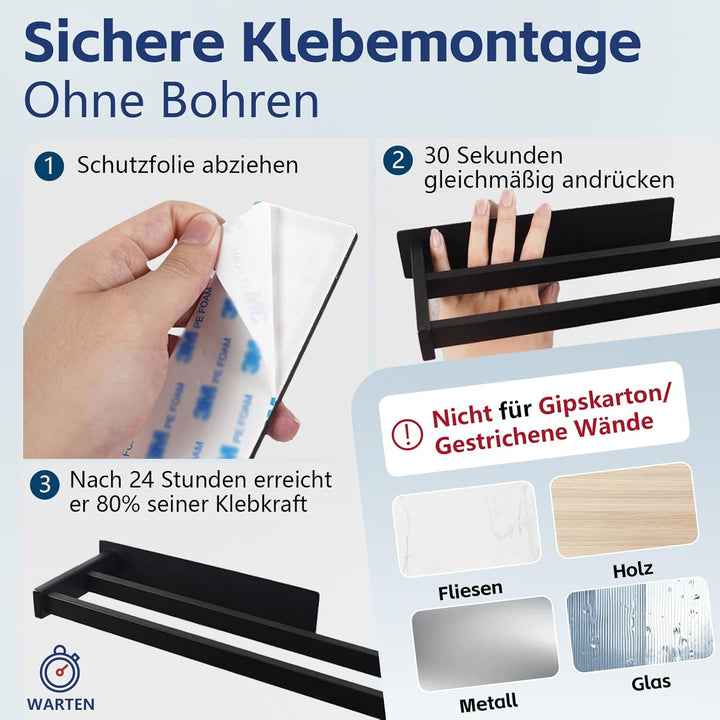 Feligio Handtuchhalter Ohne Bohren Schwarz Matt 36 cm - Edelstahl 3mm Verdickt - Handtuchstange zum