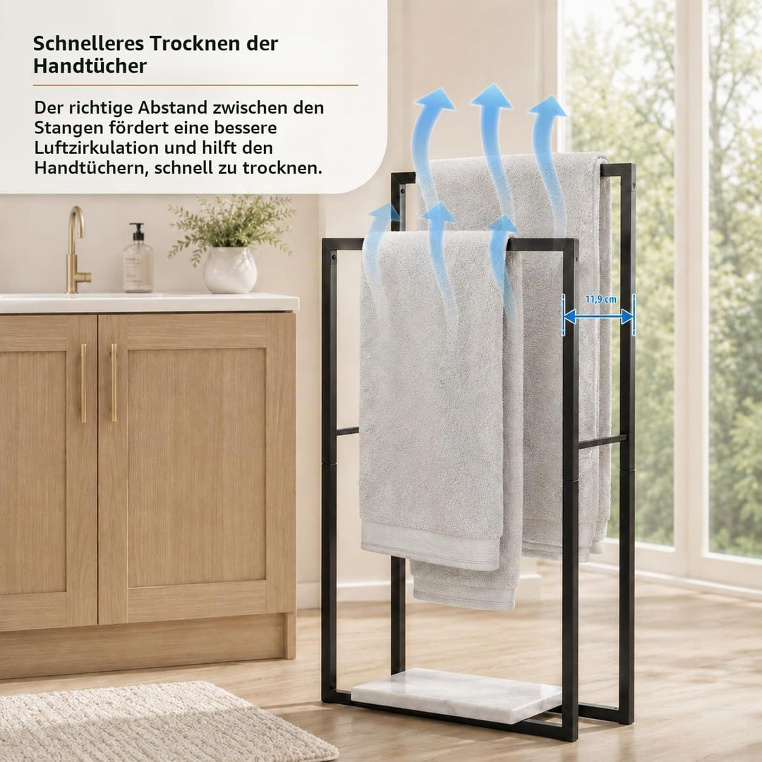 KES Handtuchhalter Stehend Schwarz, Doppel Handtuchständer Marmor Badetuchhalter Freistehend Metall