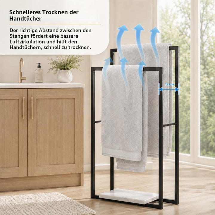 KES Handtuchhalter Stehend Schwarz, Doppel Handtuchständer Marmor Badetuchhalter Freistehend Metall