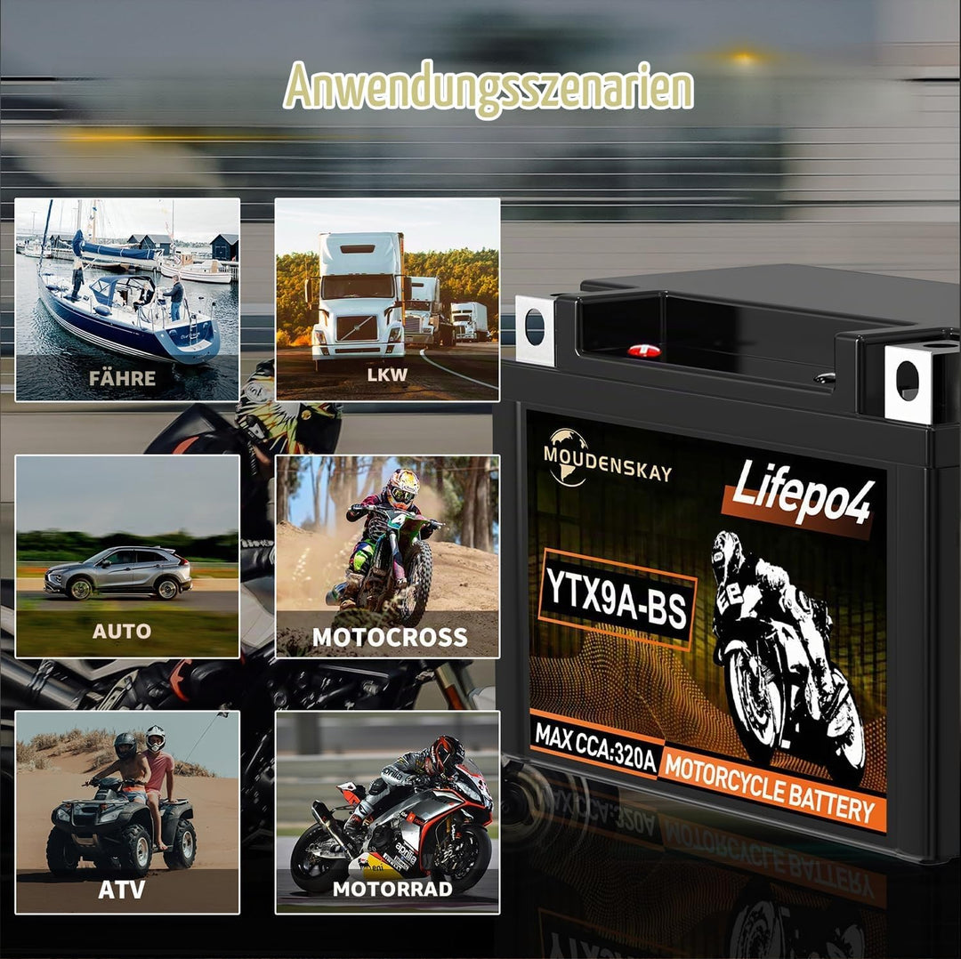 Lithium MotorradBatterie 12V Lithium Powersports Batterie mit BMS(YTX9A-BS 12.8V 4Ah 320CCA) LiFePO4