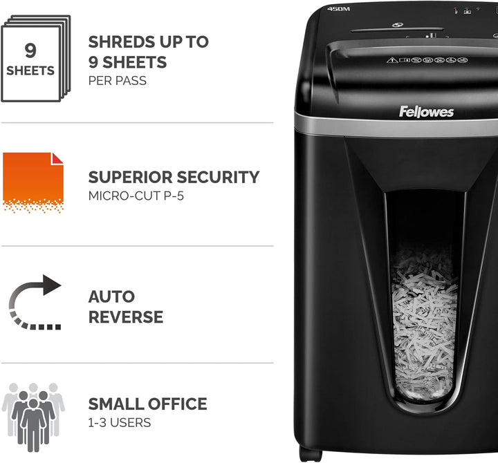 Fellowes 4074101 Aktenvernichter 450M 1-3 Benutzer, hohe Privatsphäre, Mikroschnitt, 22 l ausziehbar