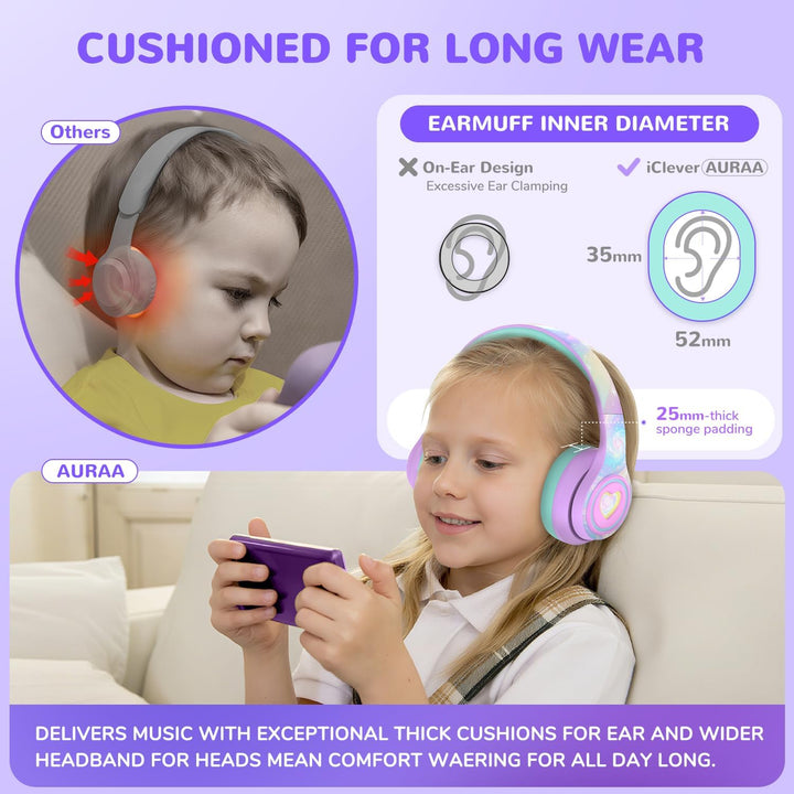 iClever Noise Cancelling Bluetooth Kopfhörer Kinder, LED-Beleuchtung, Bluetooth 6.0, Type-C-Schnella