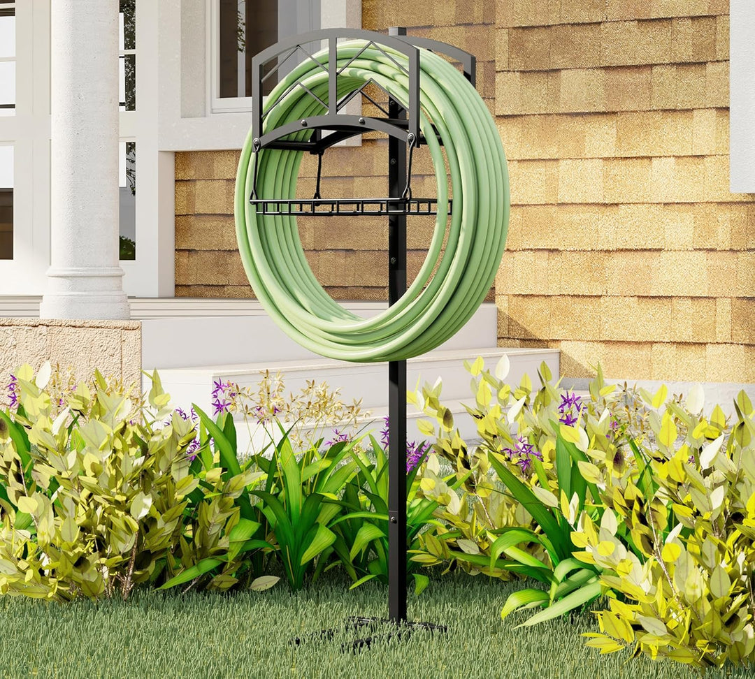 Kingson Tragbarer Gartenschlauchhalter mit Aufbewahrungskorb, robuste schwarze Stahlkonstruktion, hä