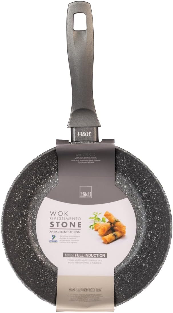 H&H Stone Grey Wok aus Aluminium mit Antihaftbeschichtung Stone, 20 cm, Induktion