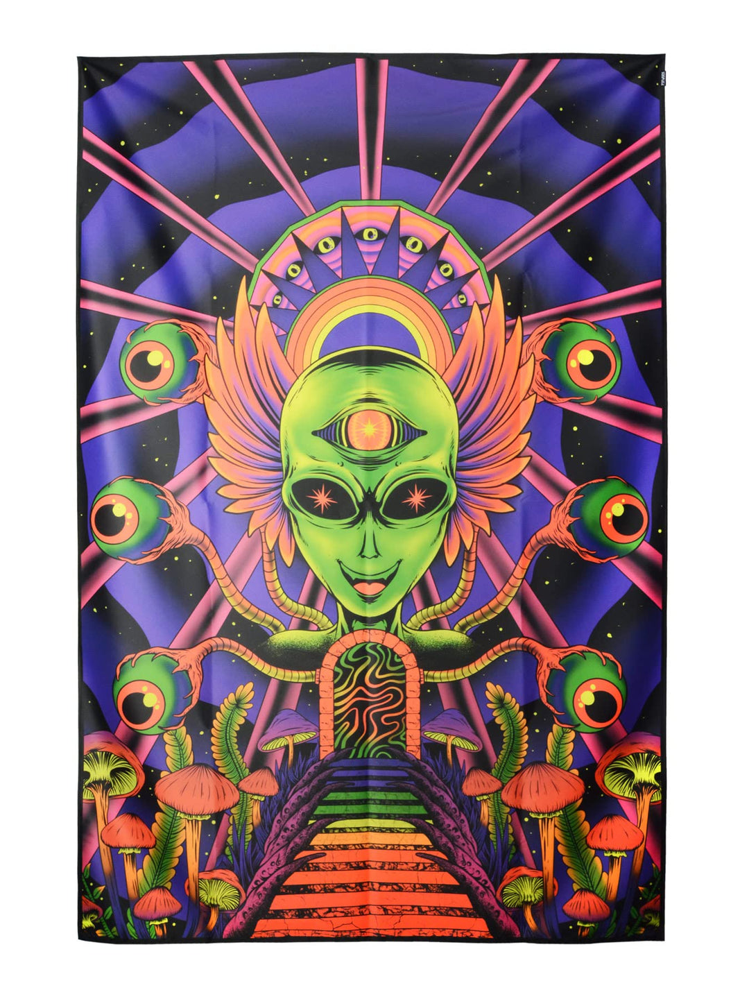 PSYWORK Schwarzlicht Stoffposter Neon | Alien Godness | 1,5 x 2,25m | UV-aktiv | fluoreszierend | Wa