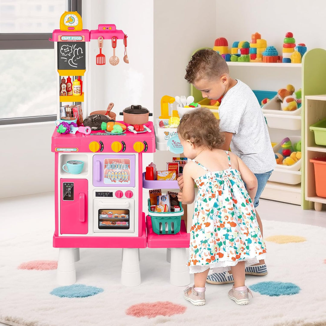deAO Kinderküche Spielküche mit Wasserfunktion & Dampf, 54 Stck. Höhenverstellbar Küchenspielset mit