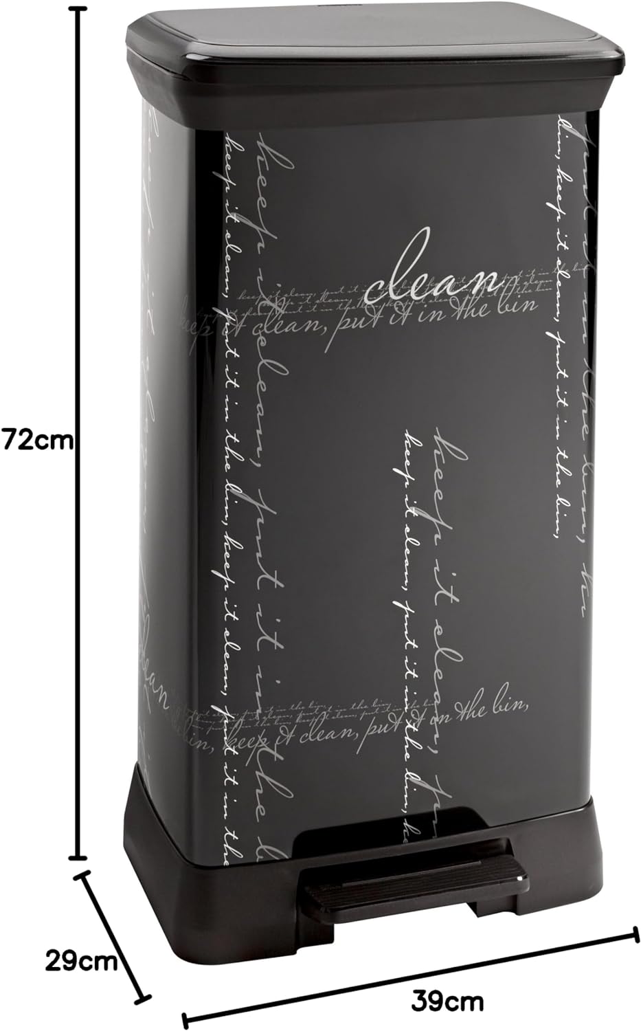 Curver 210974 Calligraphie Pedal-Abfalleimer, rechteckig, Polypropylen/Metall, 39 x 29 x 72 cm, Schw
