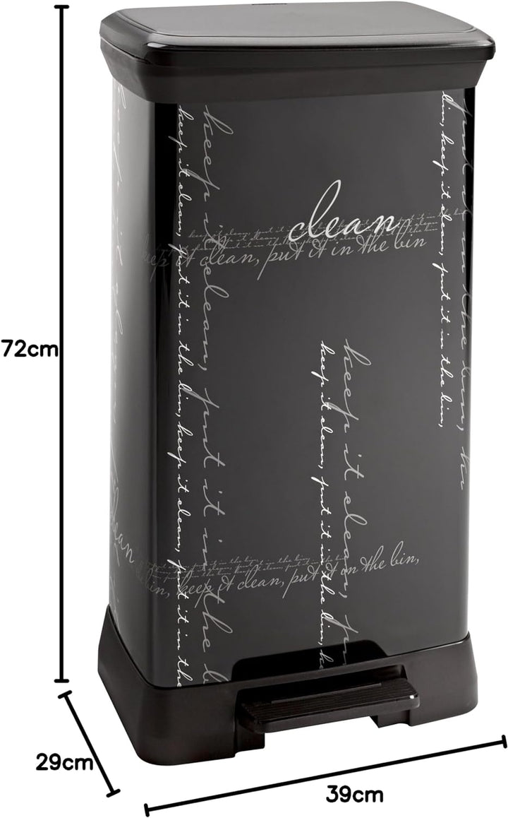 Curver 210974 Calligraphie Pedal-Abfalleimer, rechteckig, Polypropylen/Metall, 39 x 29 x 72 cm, Schw