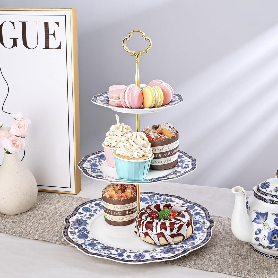 fanquare 3-Stufig Etagère Porzellan Cupcake Ständer mit Metallstreben,Blau Blumen Vintage Tortenstän