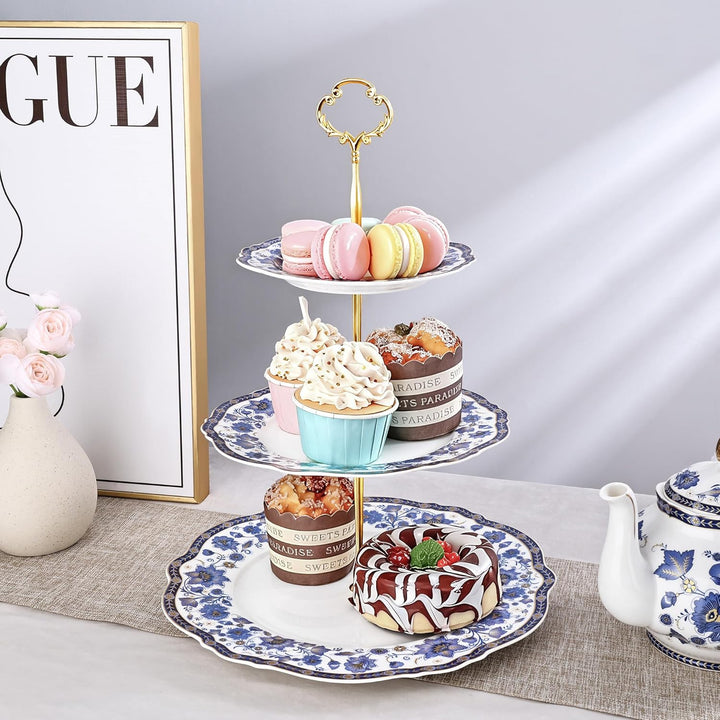fanquare 3-Stufig Etagère Porzellan Cupcake Ständer mit Metallstreben,Blau Blumen Vintage Tortenstän