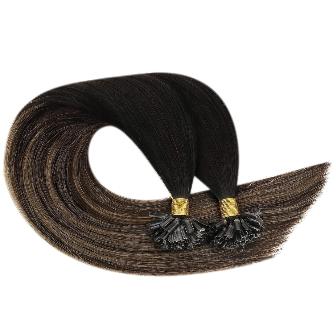 Ugeat Bonding Extensions Echthaar Utip 40cm 1B/4/27 Schwarz zu Dunkelbraun und Karamellblond Keratin