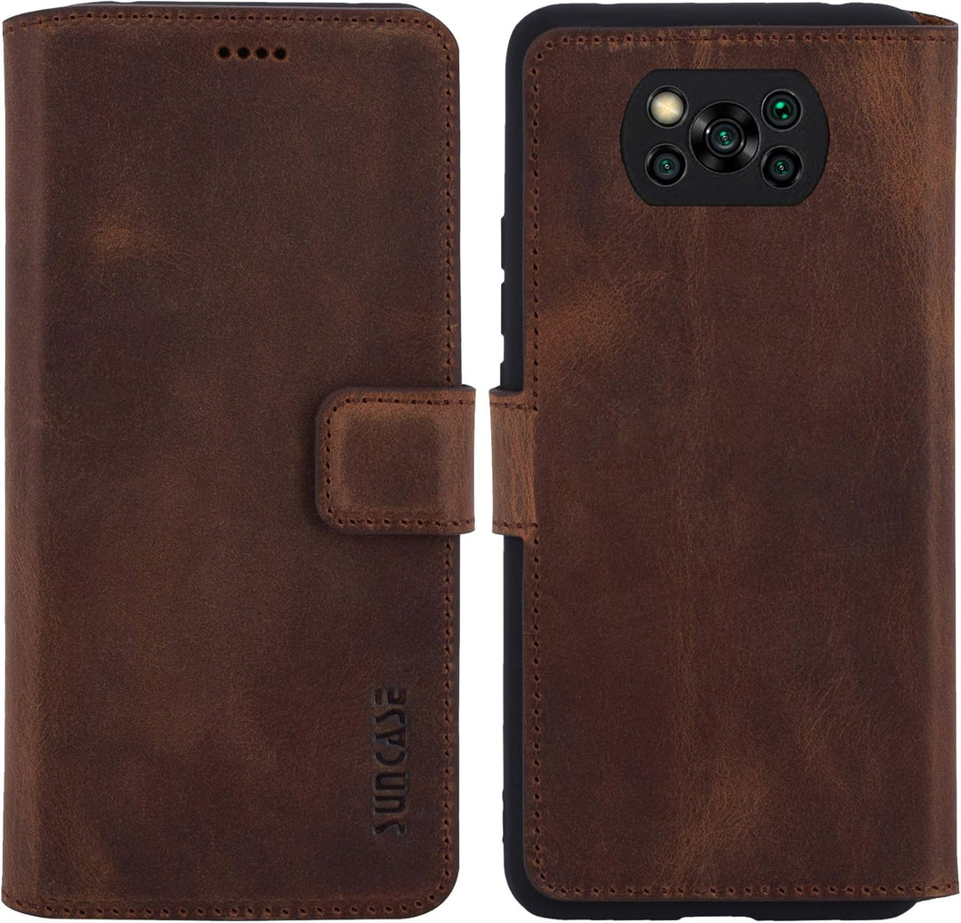 Suncase Book-Style Hülle kompatibel mit Xiaomi Poco X3 NFC Leder Tasche (Slim-Fit) Lederhülle Handyt