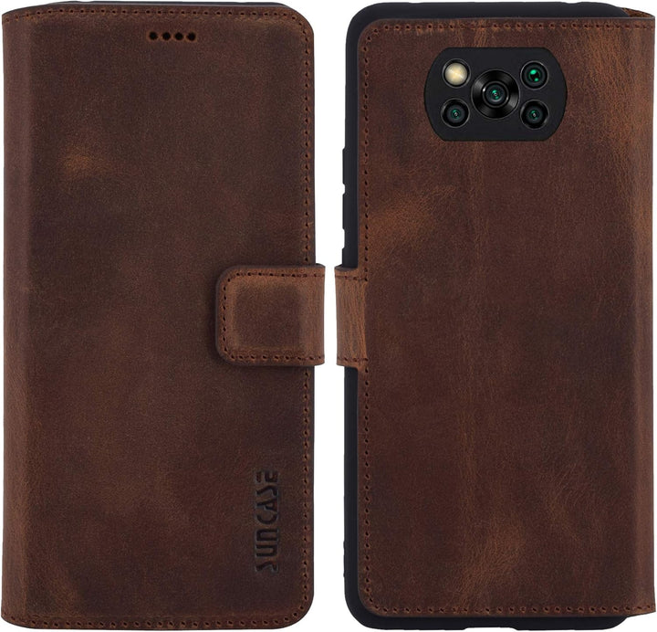 Suncase Book-Style Hülle kompatibel mit Xiaomi Poco X3 NFC Leder Tasche (Slim-Fit) Lederhülle Handyt