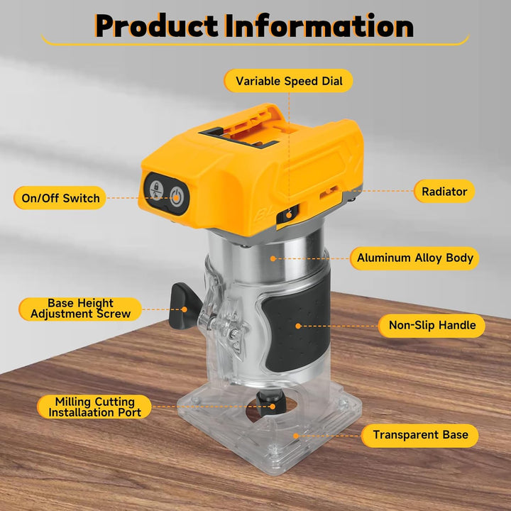 Akku Oberfräse kompatibel für Dewalt 20V Batterie, 800W Bürstenloser Trimmer Router mit 5 Gängen, 30