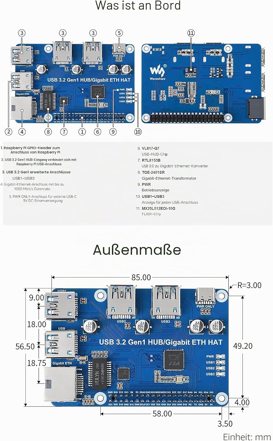 USB 3.2 Gen1 and Gigabit Ethernet HUB HAT for Raspberry Pi Series Board, 3X USB 3.2 Gen1, 1x Gigabit